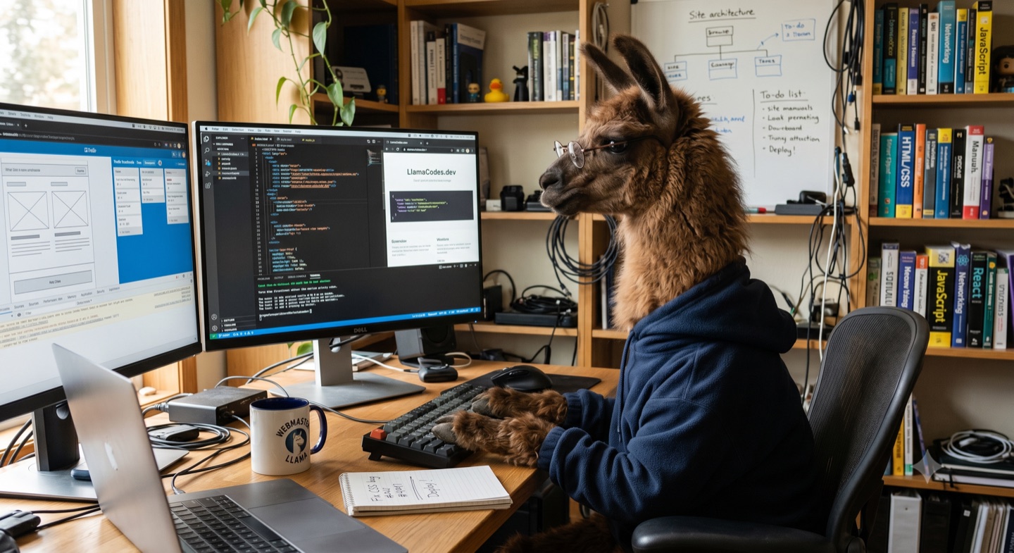 A llama working at a desk